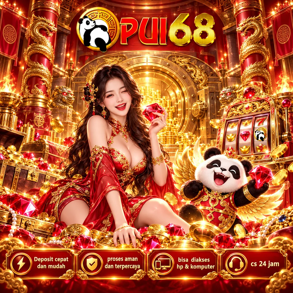Poster PUI68 merah dan emas bergambar panda dan karakter tematik 2, ditampilkan tanpa terpotong